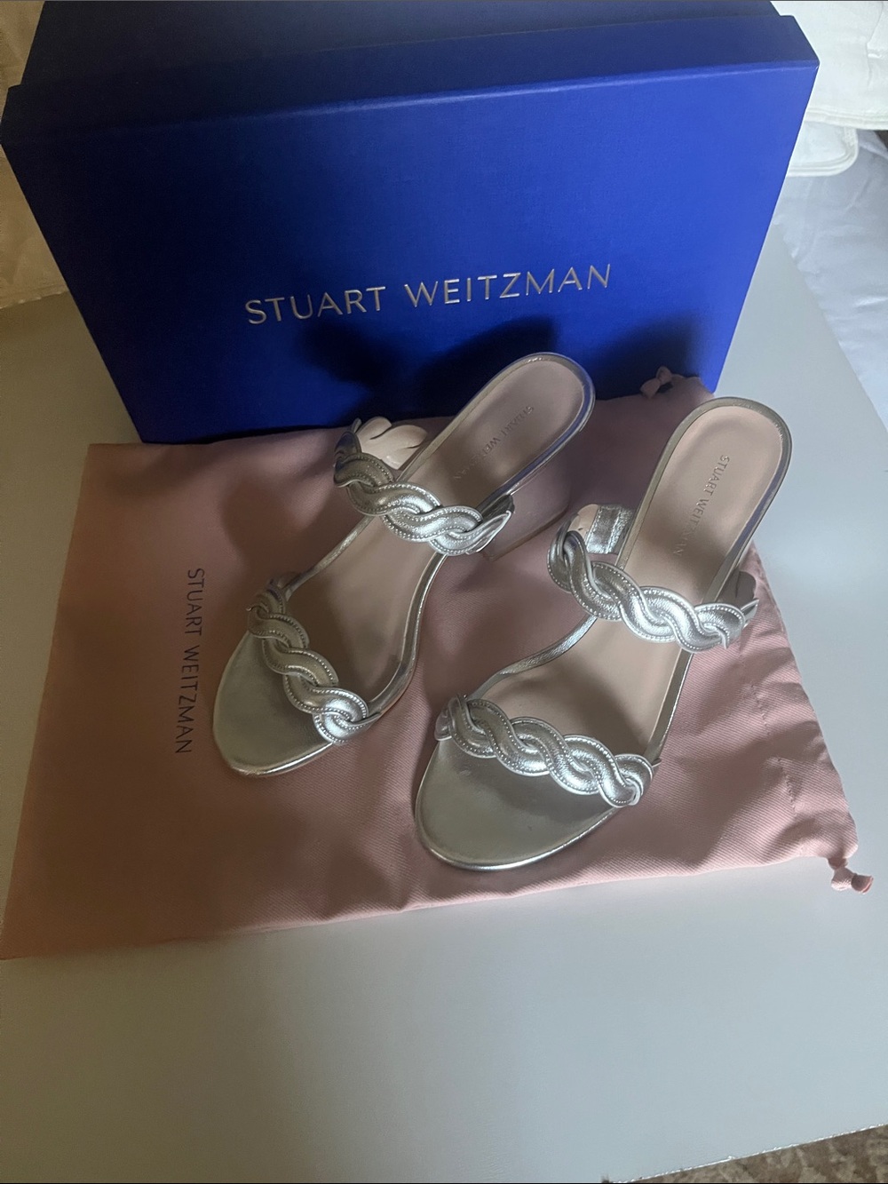 Size 7.5 Stuart Weitzman Metallic Silver Braided-Strap Slide Mules - Picture 9 of 11